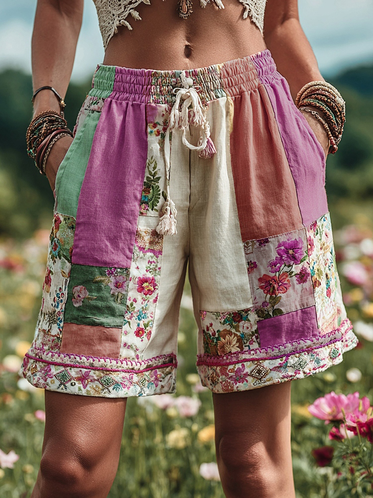 Women's Patchwork Floral Contrast Waist Drawstring Pocket Shorts