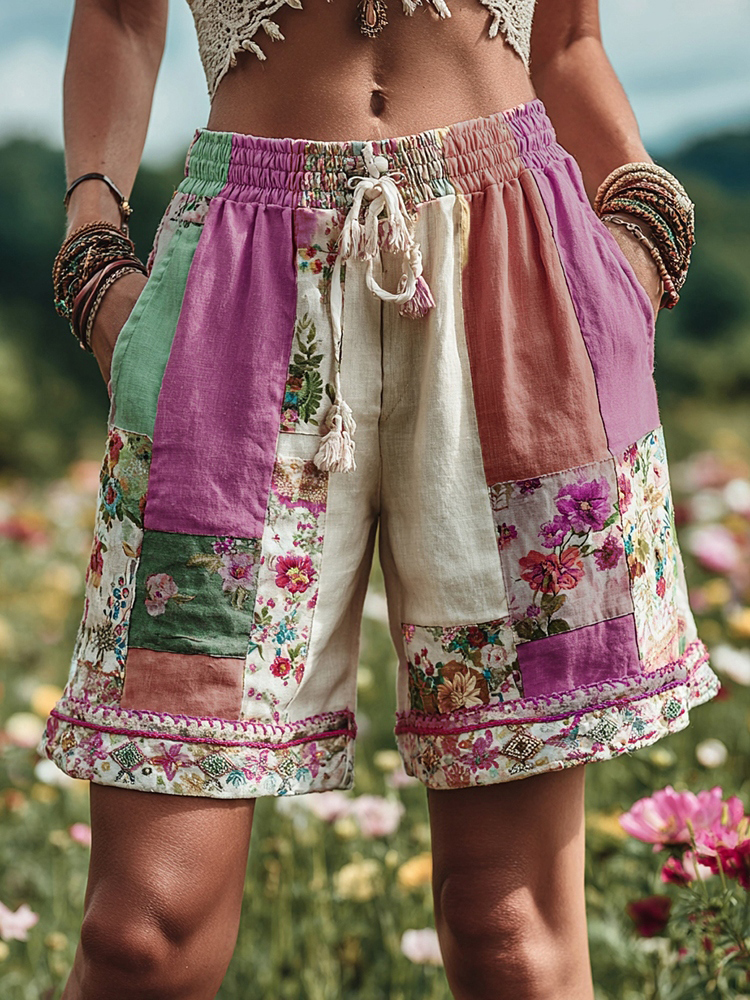 Women's Patchwork Floral Contrast Waist Drawstring Pocket Shorts