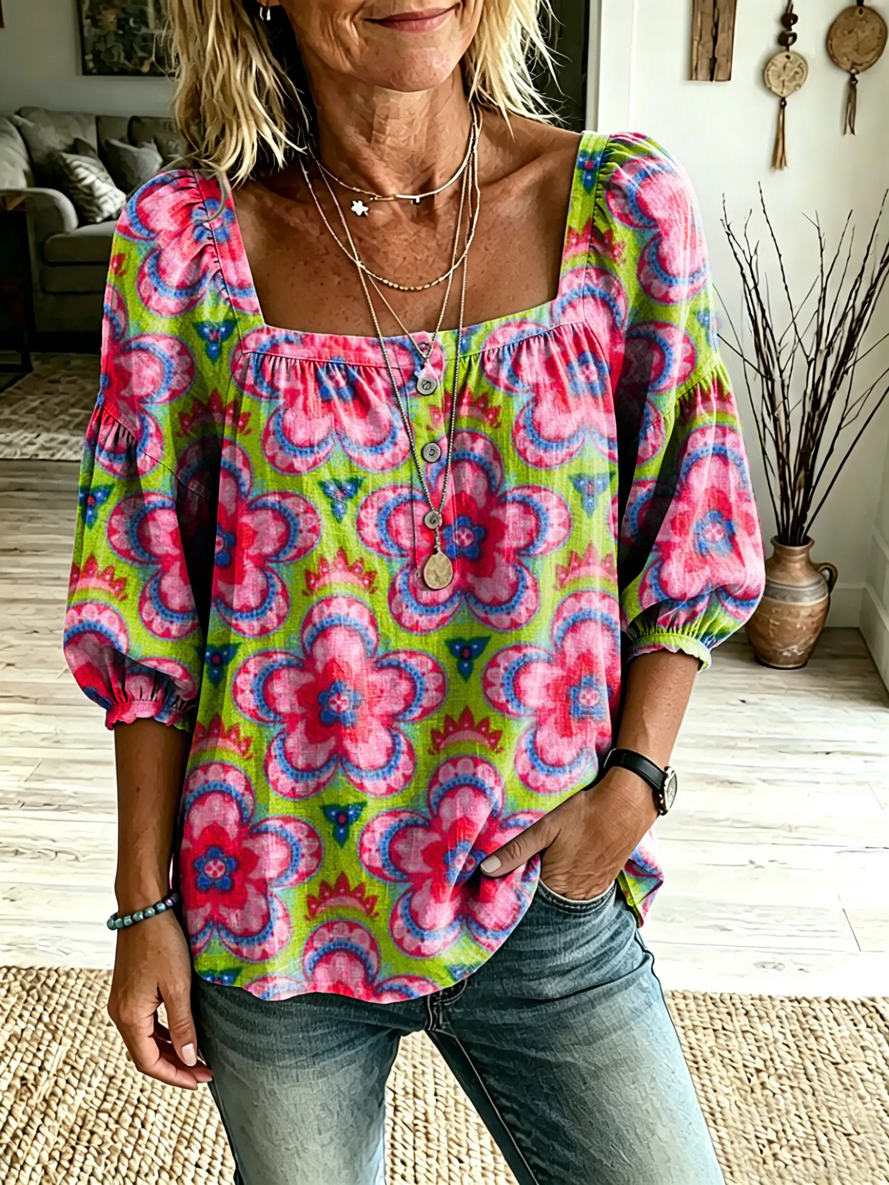Women's Retro Pink Totem Floral Art Print Casual Square-Neck Top