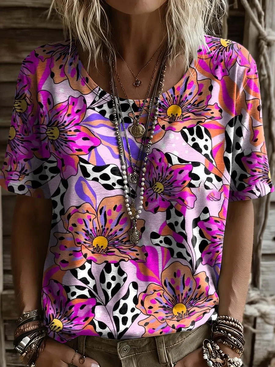 Women's Floral Print Round-neck Short-sleeve T-shirt