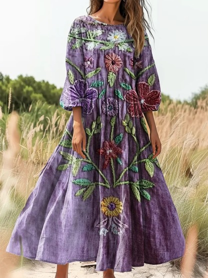 Women's Vintage Ethnic Floral Art Print Casual Cotton Linen Shirt