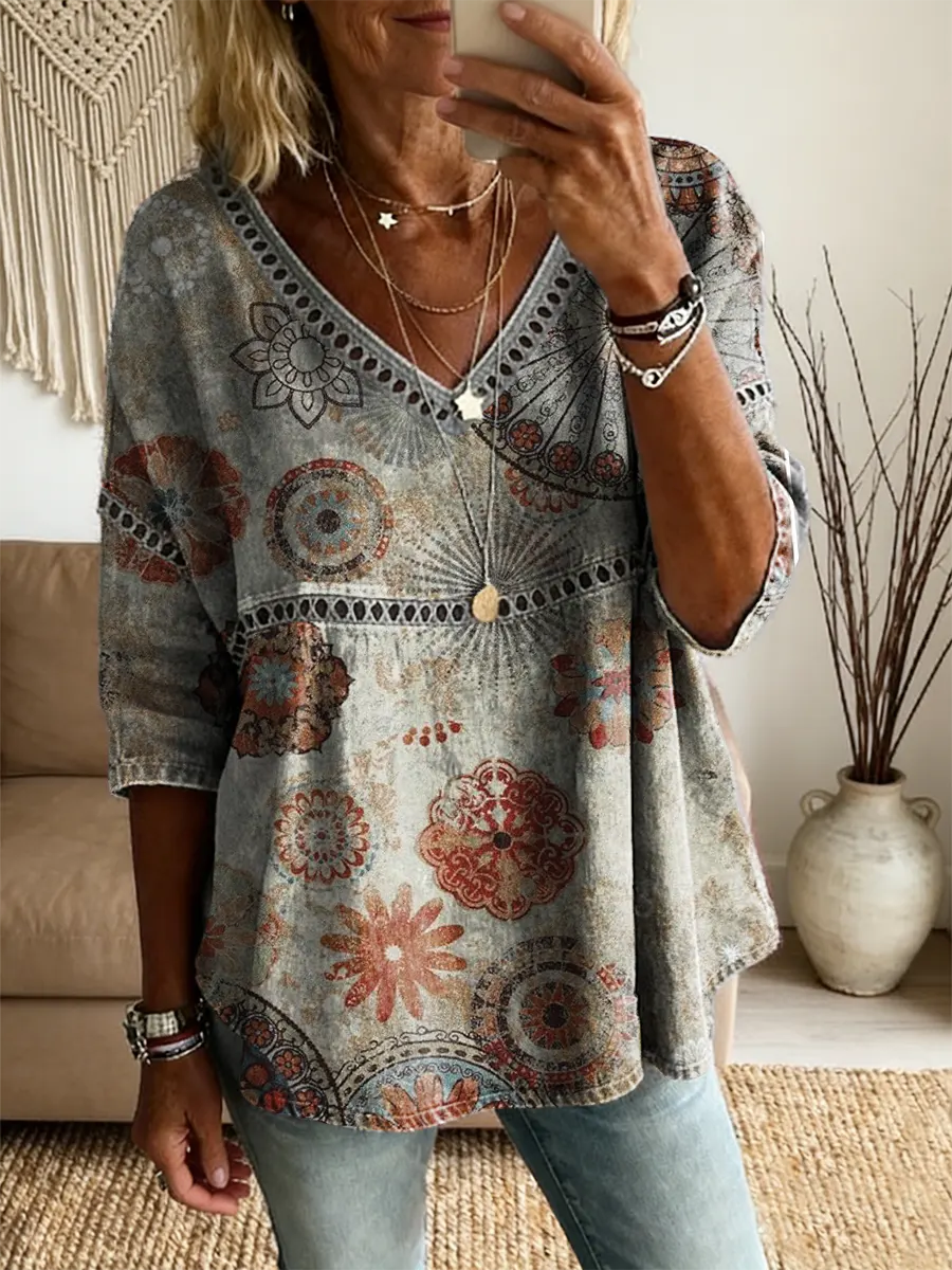 Ethnicity Bohemian Style Totem Women's Vintage Art Print Casual V Neck Cutout Top