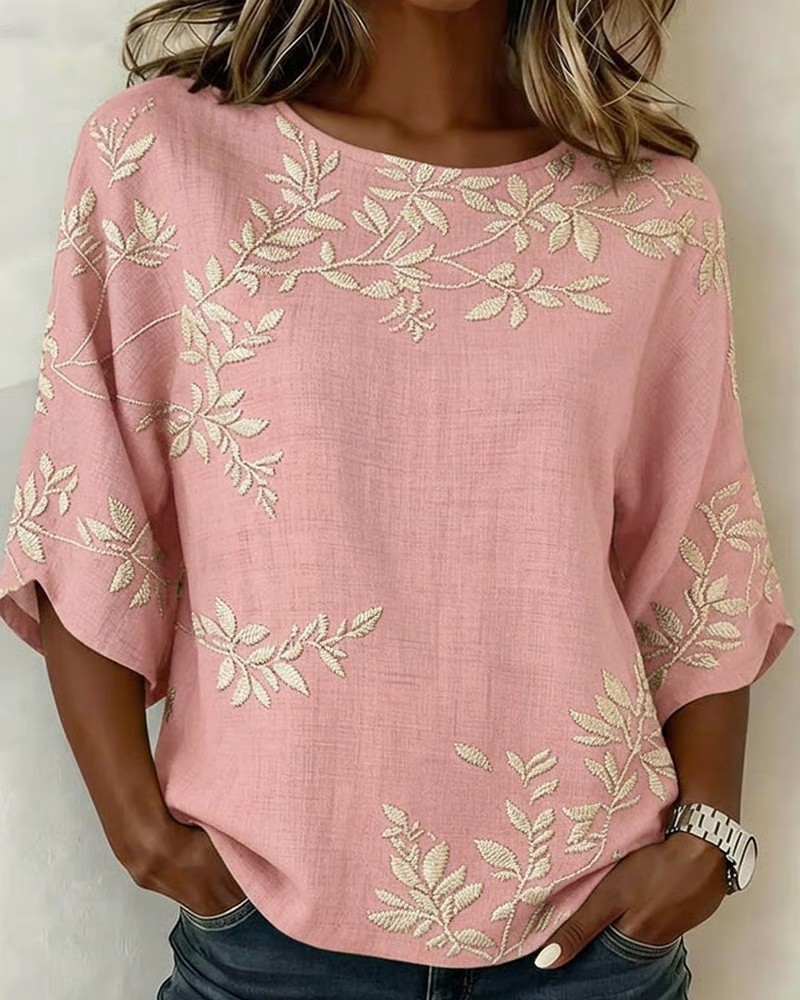 Round Neck Batwing Sleeve Striped Blouse
