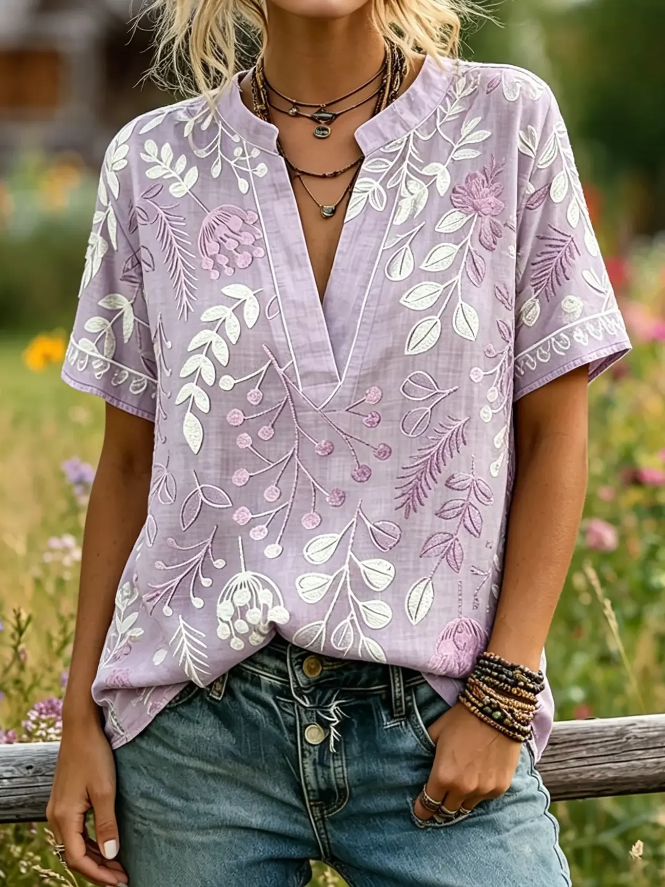 Women's Leaf Floral Print Notch Collar Short Sleeve Top