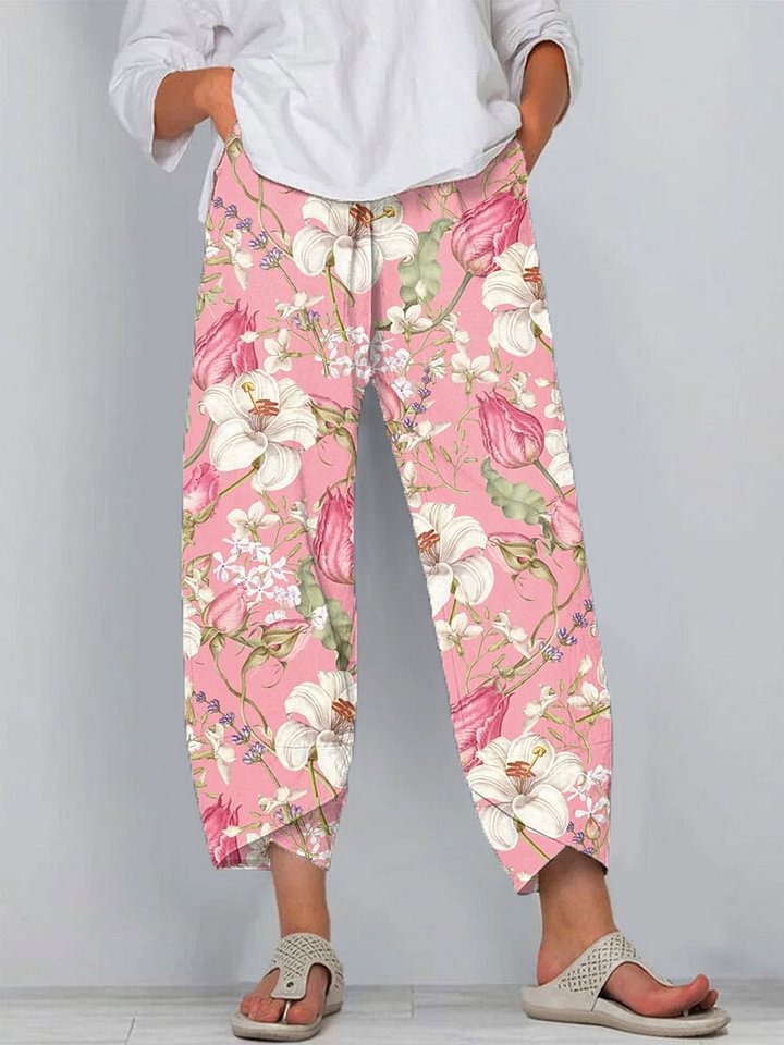 Women's Vintage Floral Art Print Casual Linen V-neck Shirt