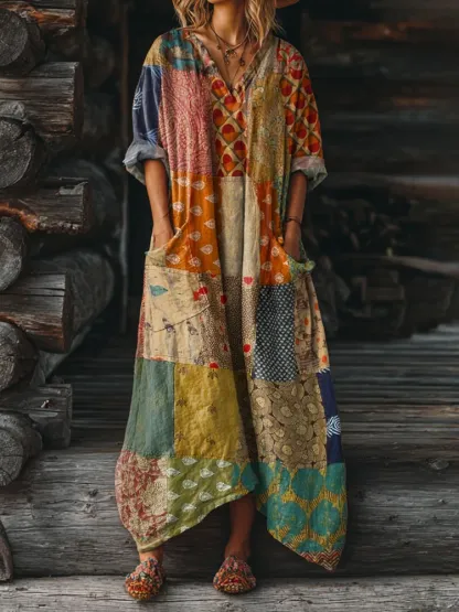 Women's Vintage Floral Patchwork Pattern Artistic Print Button V-neck Cardigan Sweater