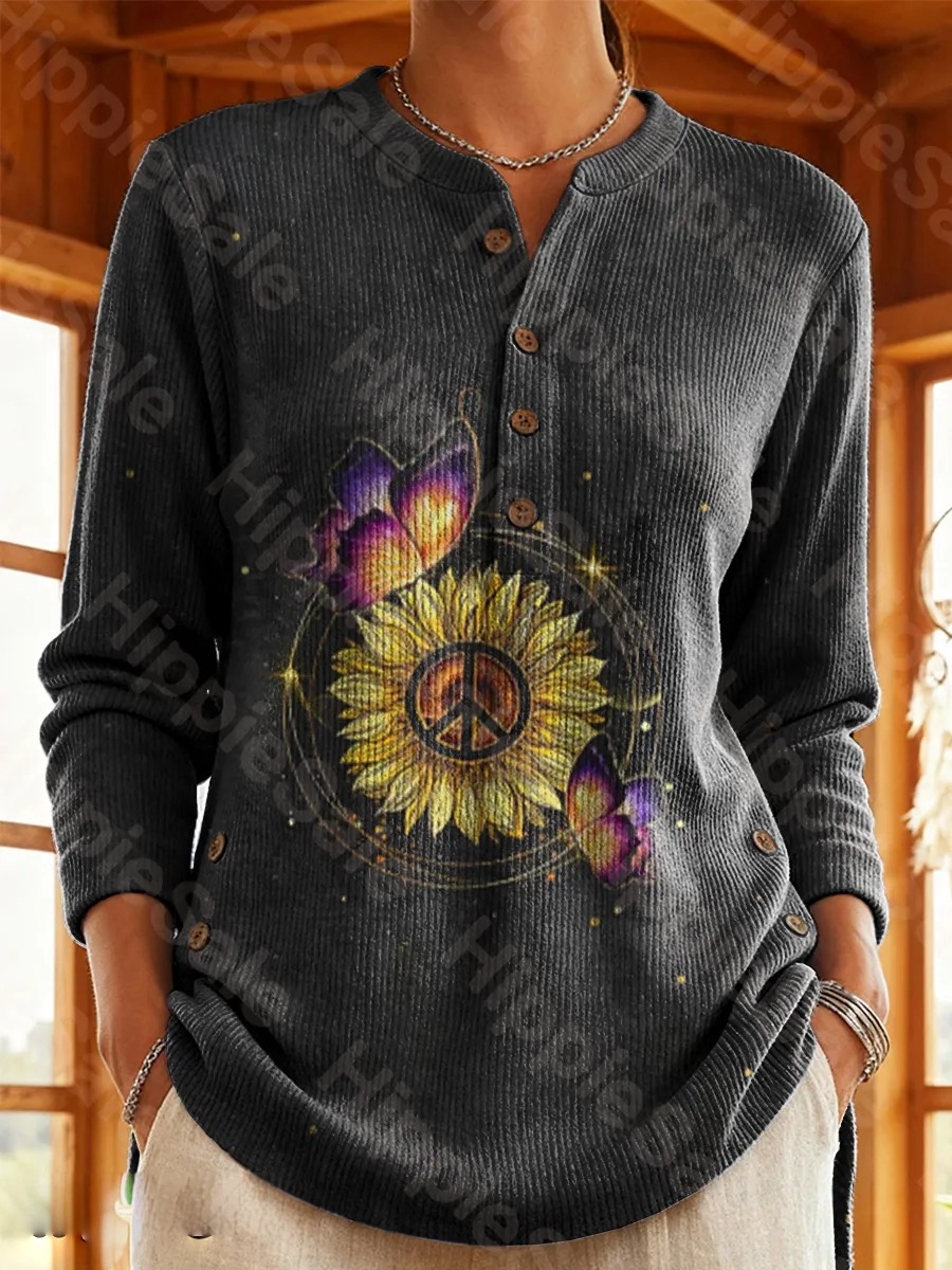 Women's Vintage Floral Butterfly Art Print Casual Cotton Shirt