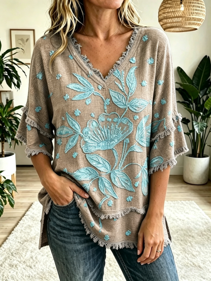 Women's Vintage Folk Floral Art Print V-Neck Tasseled Cotton Top