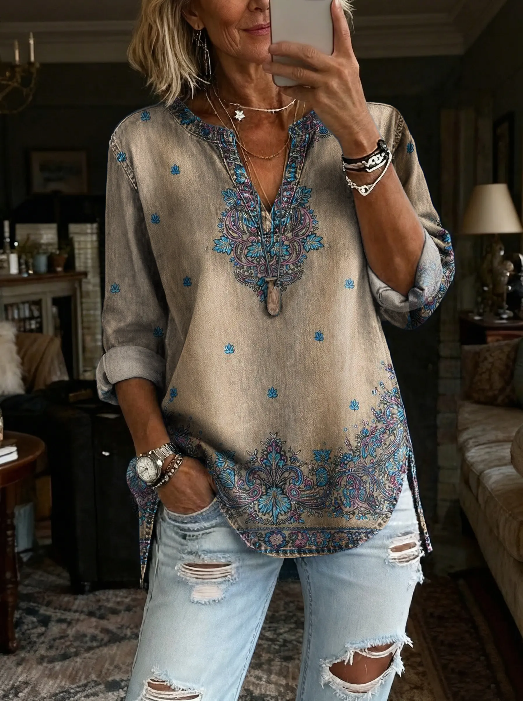 Women's Ethnic Retro Floral Art Print Casual V-Neck Washed Cotton Denim Top