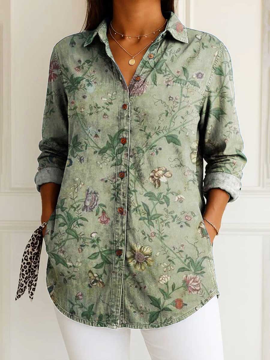 Women's Vintage Floral Pattern Art Print Casual Cotton Shirt