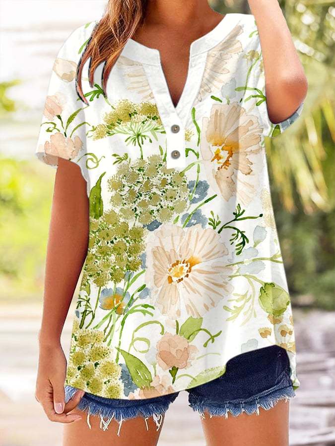 Women's Vintage Botanical Floral Button Design V-Neck Short Sleeve Shi