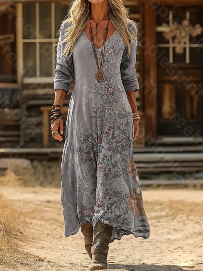 Women's Vintage Ethnic Floral Print Artistic Pocket Cotton Dress