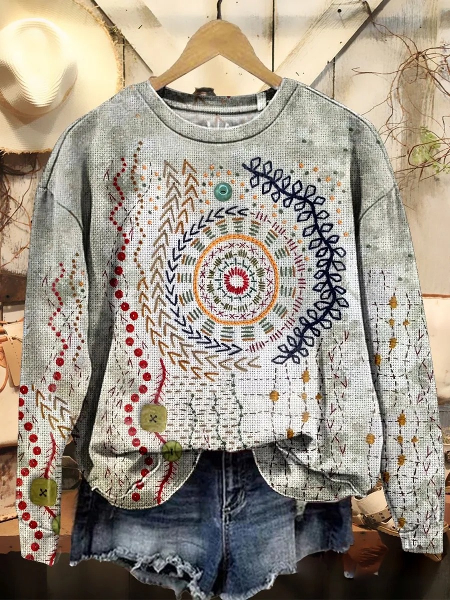 Women's Retro Multi-Color Embroidered Pattern Print Round Neck Sweatshirt