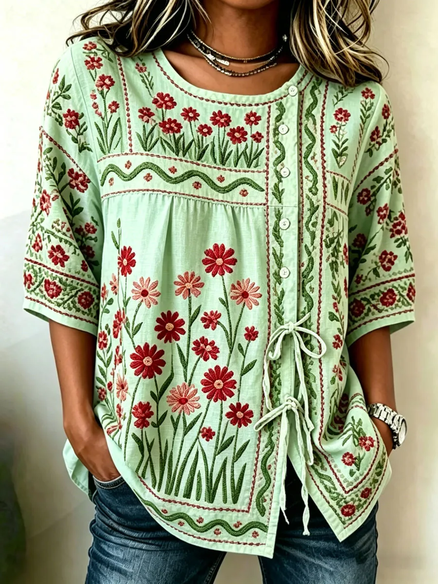 Women'S Cotton And Linen Casual Striped Print Top
