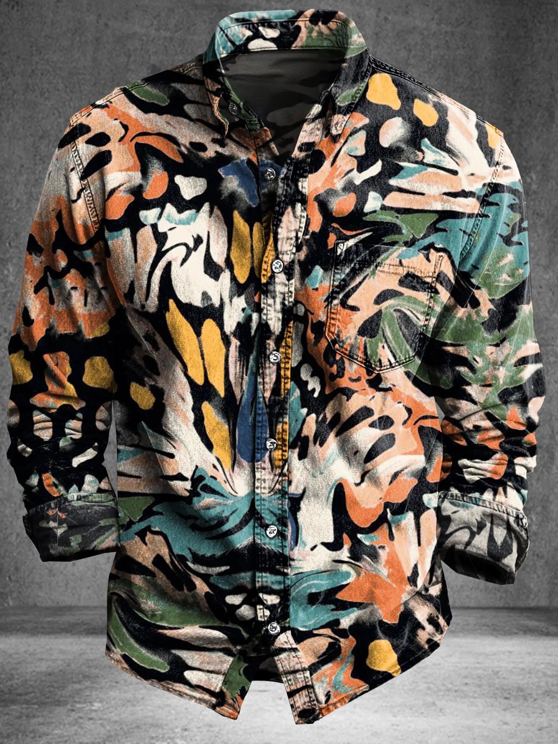 Vintage Abstract Psychedelic Color Block Art Print Cotton Long Sleeve Shirt