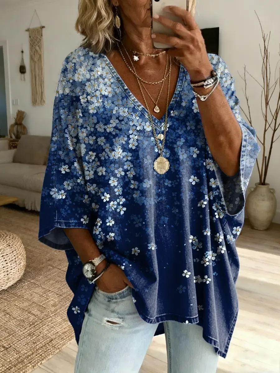 Women's Retro-Style Petal Art Print Casual Loose Washed Cotton Denim Jacket