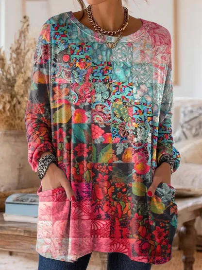 Women's Vintage Ethnic Floral Geometric Collage Art Print Casual Crew Neck Pocket Cotton T-shirt