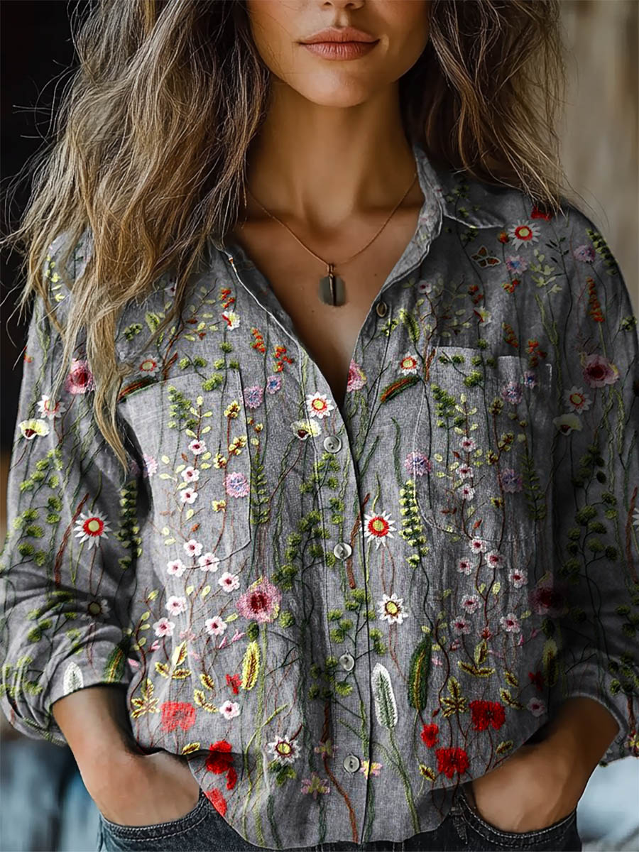 Women's Vintage Lovely Floral Art Print Casual Long Sleeve Comfortable Cotton Shirt