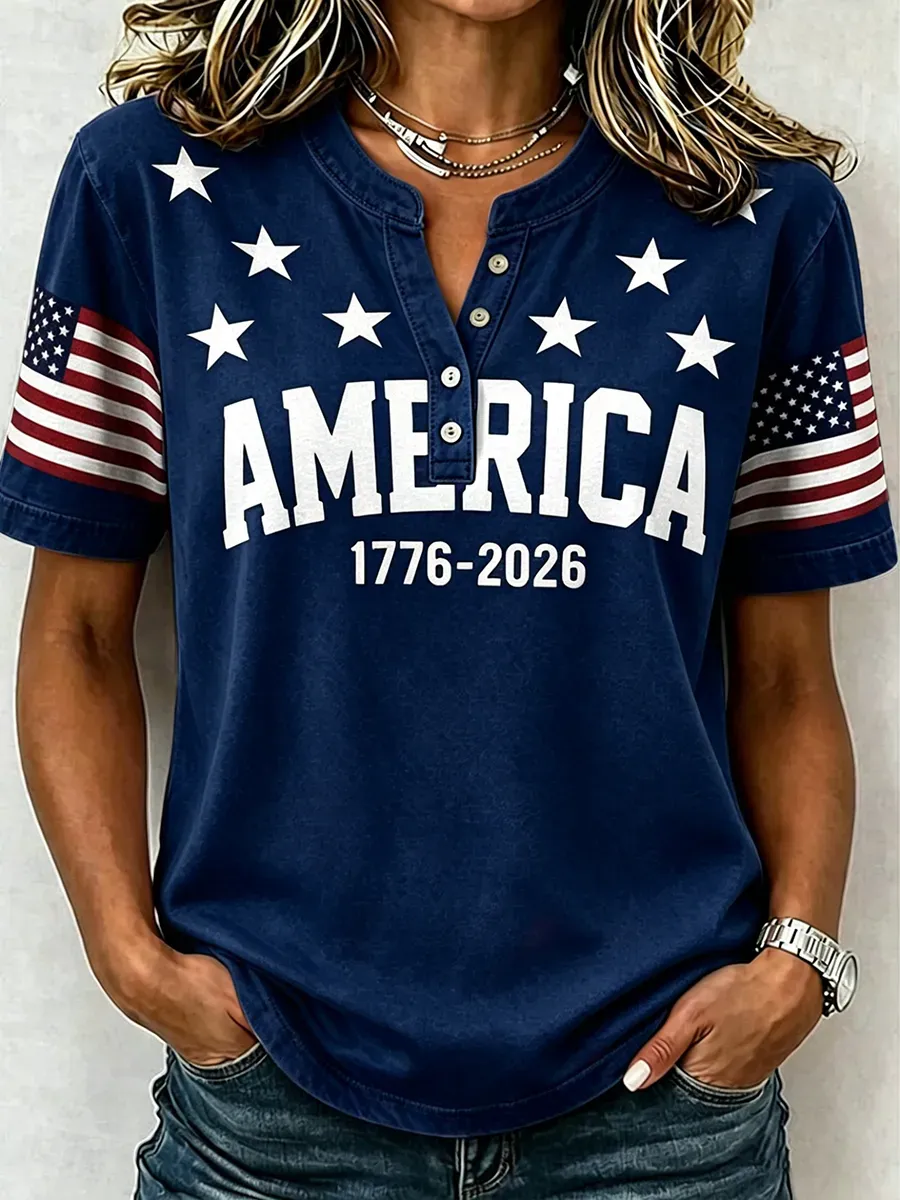 Women's 1776 Independence Day Flag Print Casual T-shirt