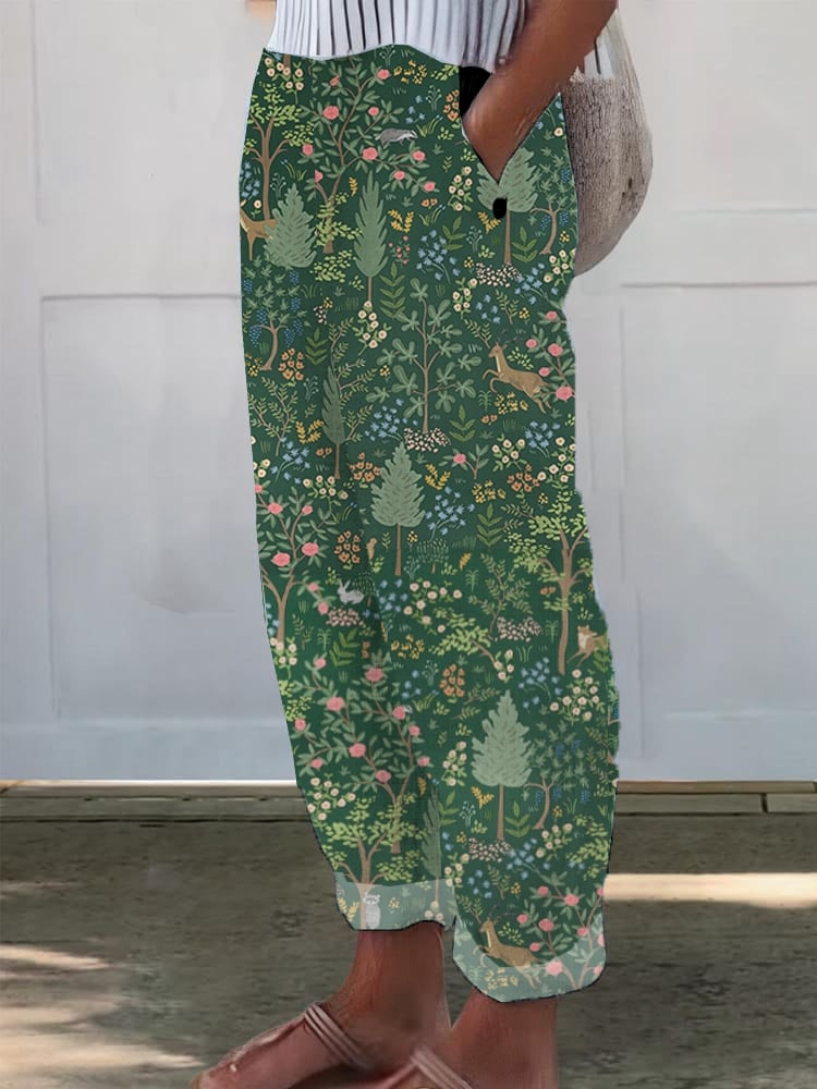 Women's Casual Forest Animals Plants And Flowers Cotton And Linen Pants