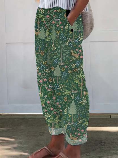 Women's Casual Forest Animals Plants And Flowers Cotton And Linen Pants