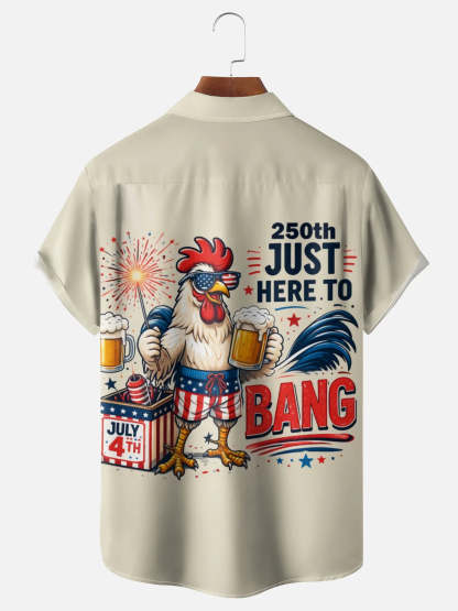 250th Anniversary Rooster Hawaiian Shirt - Just Here To Bang  Funny 4th of July Patriotic Chicken Beer Shirt for Men Women