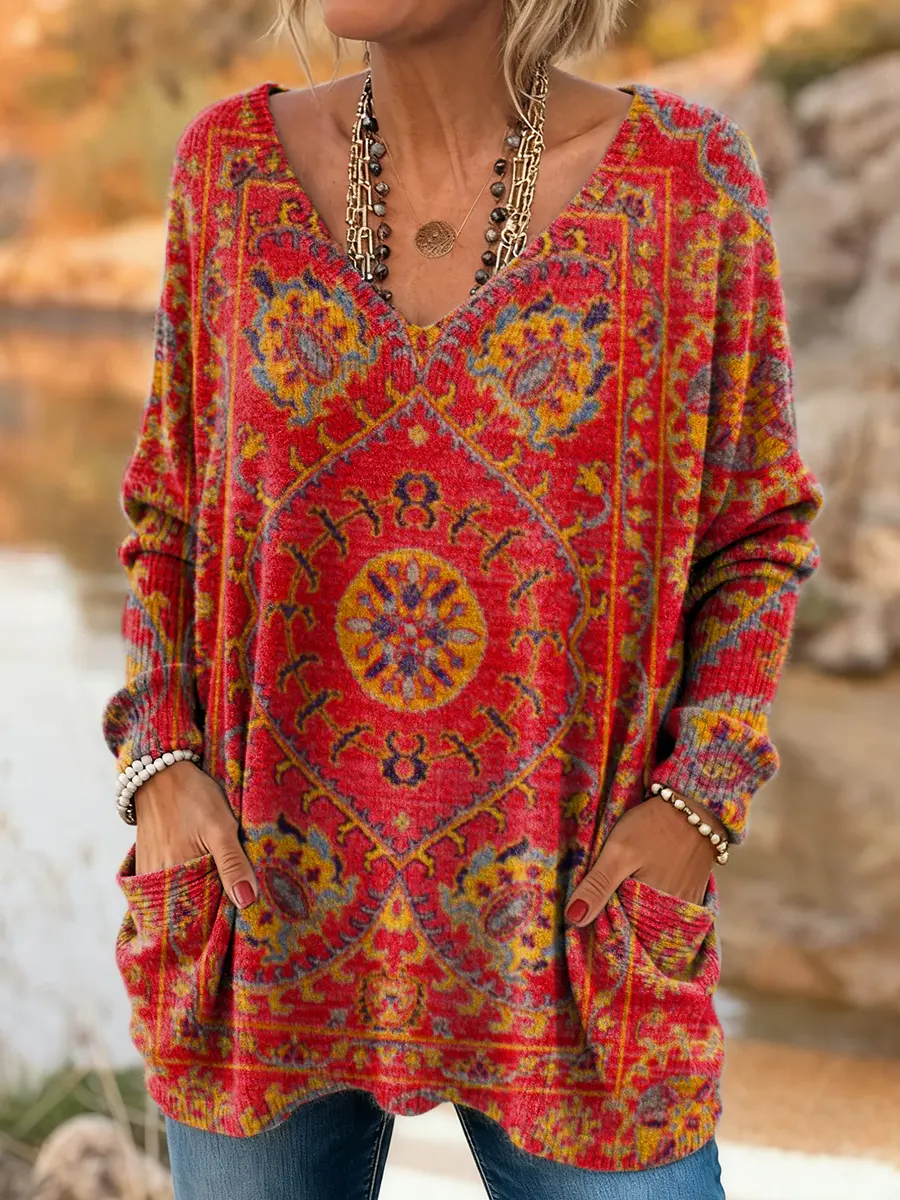 Women's Ethnic Totem Art Print Comfortable V Neck Pocket Knit Sweater