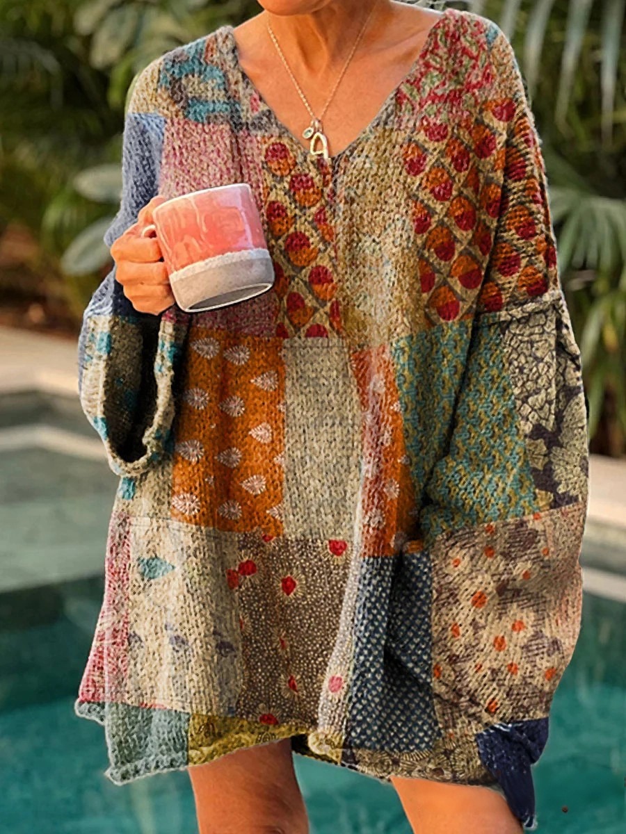 Women's Vintage Floral Patchwork Pattern Artistic Print Button V-neck Cardigan Sweater