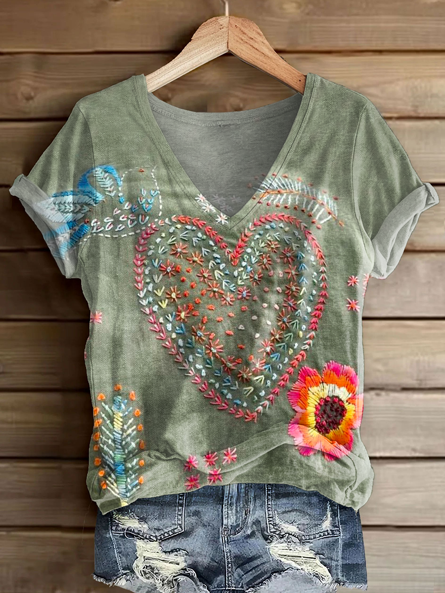 Women's Vintage Bohemian Floral Art Print Casual V Neck Long Sleeve Tops