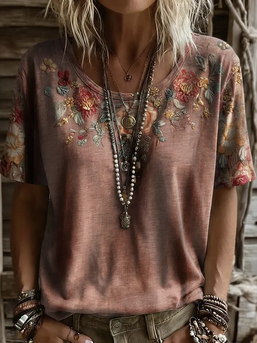 Vintage Ethnic Flower Women And Men's Art Print Casual T-shirt
