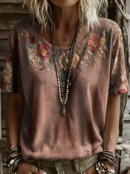 Vintage Ethnic Flower Women And Men's Art Print Casual T-shirt