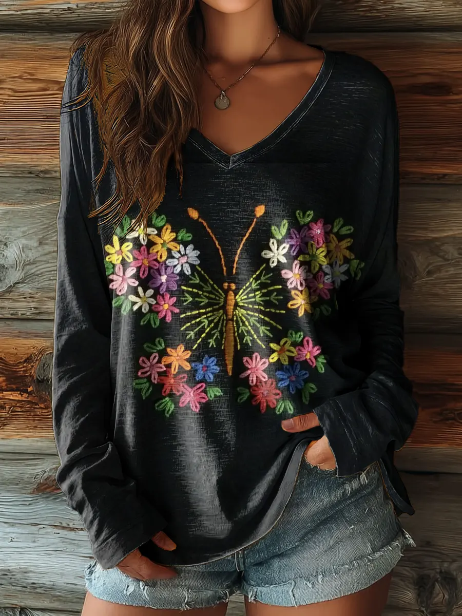 Women's Floral Butterfly Pattern Art Print Casual V-neck Long-sleeve T-shirt