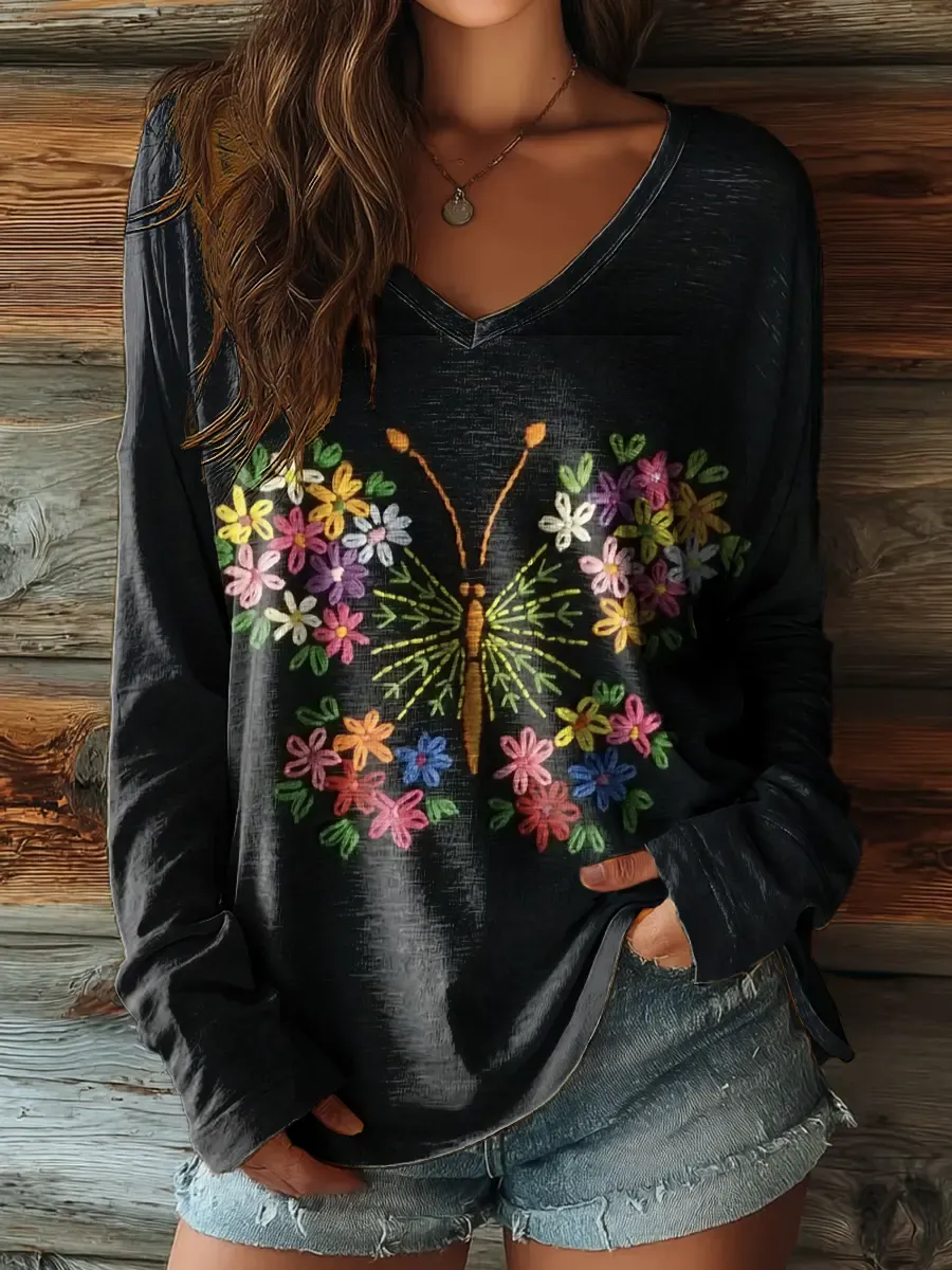 Women's Floral Butterfly Pattern Art Print Casual V-neck Long-sleeve T