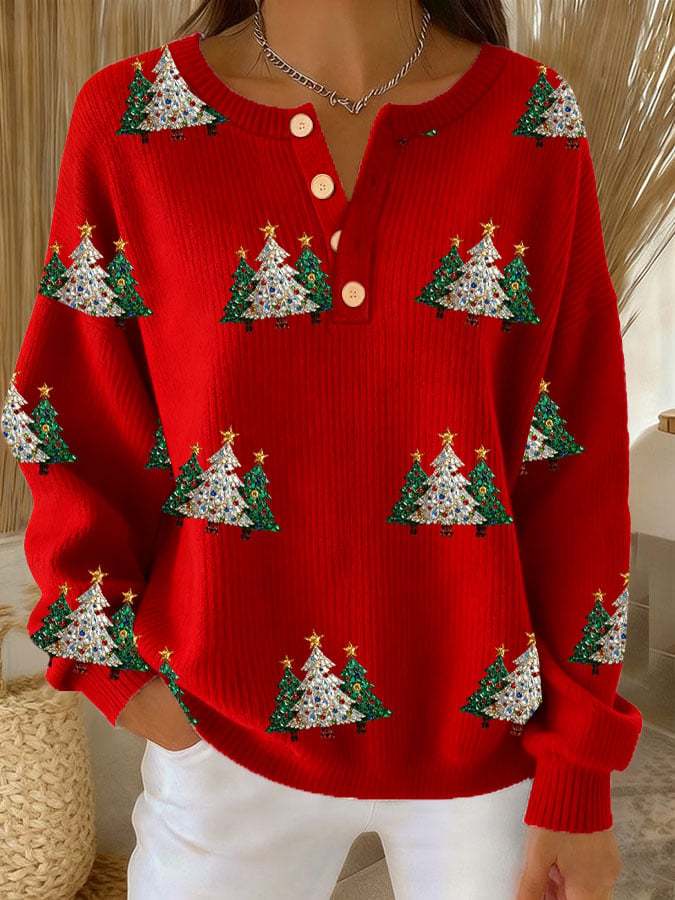 Women's Christmas Print Knit Button Top