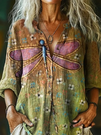 Women's Vintage Dragonfly Floral Art Pattern Print Casual Cotton Linen Shirt