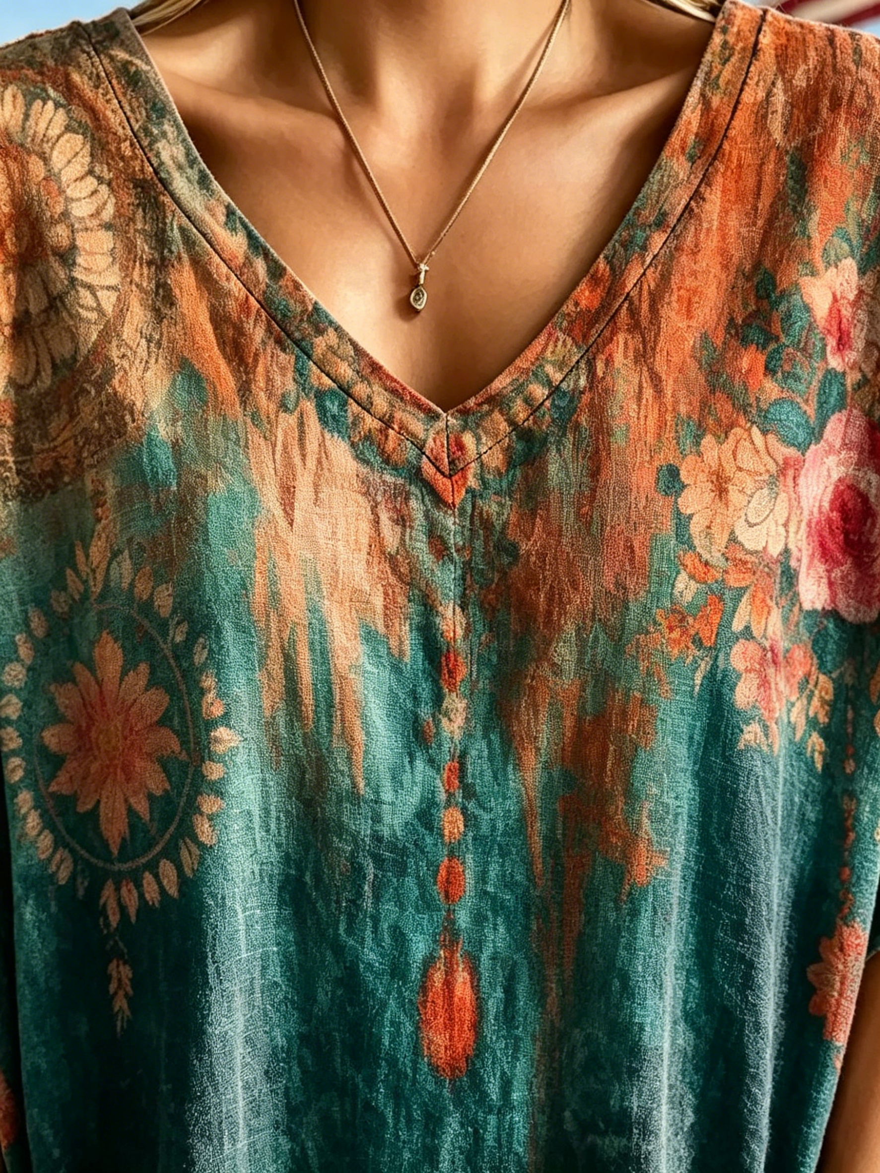 Women's Tie-Dye Floral Print Cotton V-Neck T-Shirt