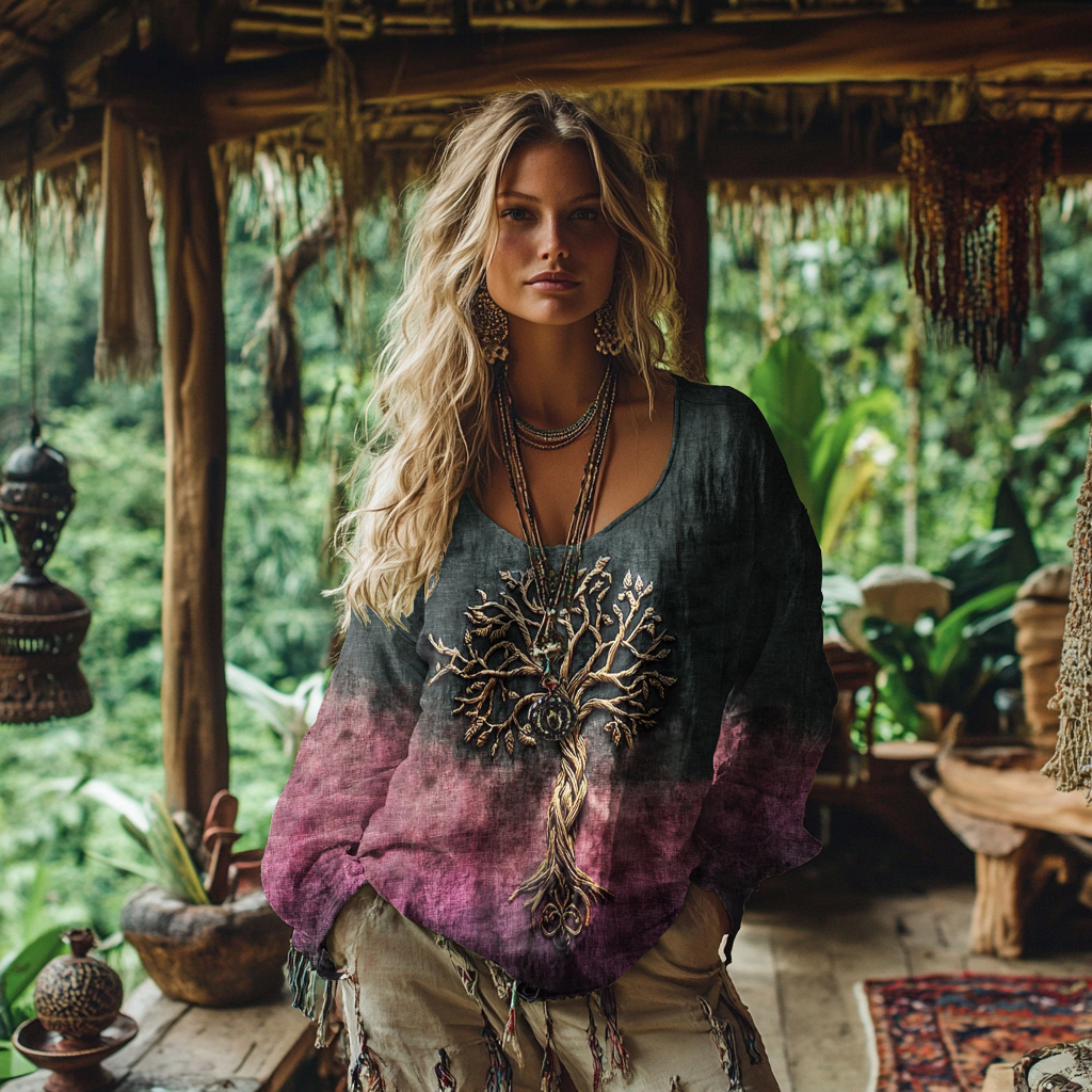 Women's Viking Celtic Knot Style Tree Of Life Rainbow Art Linen Casual T-shirt