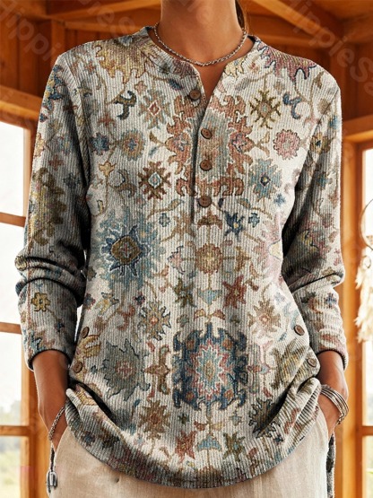 Women's Vintage Elegant White-Based Bohemian Floral Art Print Casual Cotton Shirt