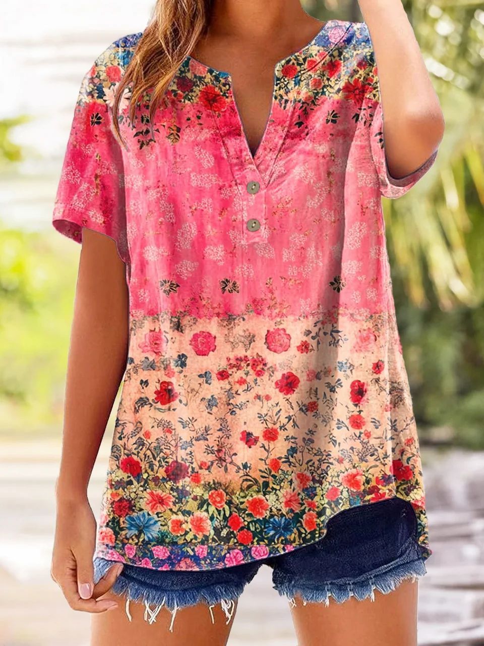 Women's Retro Casual Floral Cotton and Linen Top