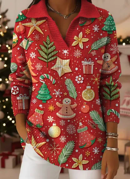 Women's Christmas Pattern Art Print Casual Cotton Sweater
