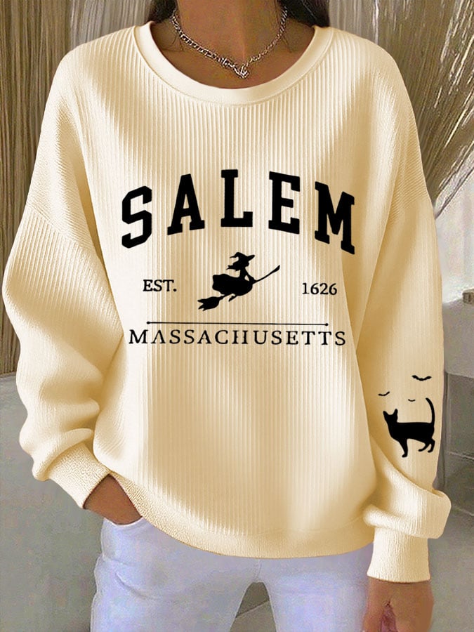 🔥Buy 2 Get 8% Off🔥Women's Halloween SALEM EST. 1626 MASSACHUSETTS Print Crew Neck Long Sleeve Top