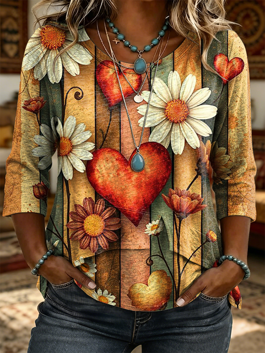 Women's Retro Heart And Floral Art Print Casual Three-quarter Sleeve Round Neck Patchwork Shirt