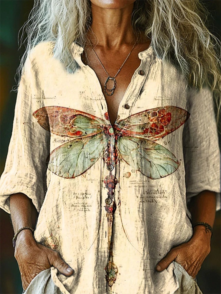Women's Dragonfly Pattern Art Print Casual Short Sleeve Comfortable Cotton Shirt