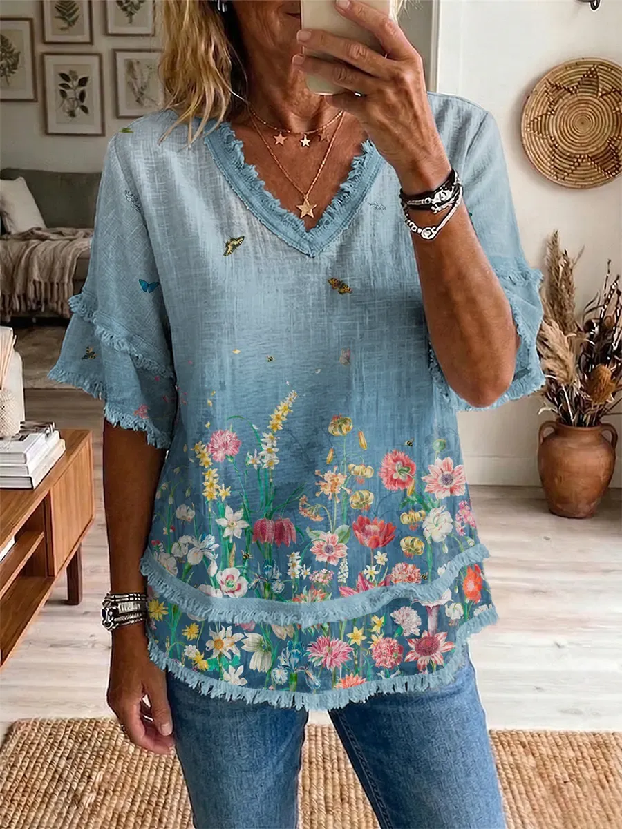 Ethnicity Gradation Flowers Colorful Women's Art Casual Patchwork V Collar Shirt