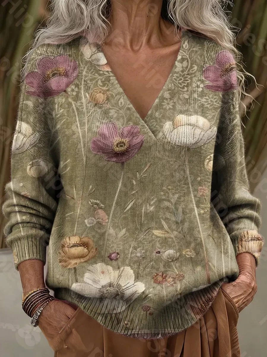 Women's Floral Art Print V-Neck Cozy Knit Sweater
