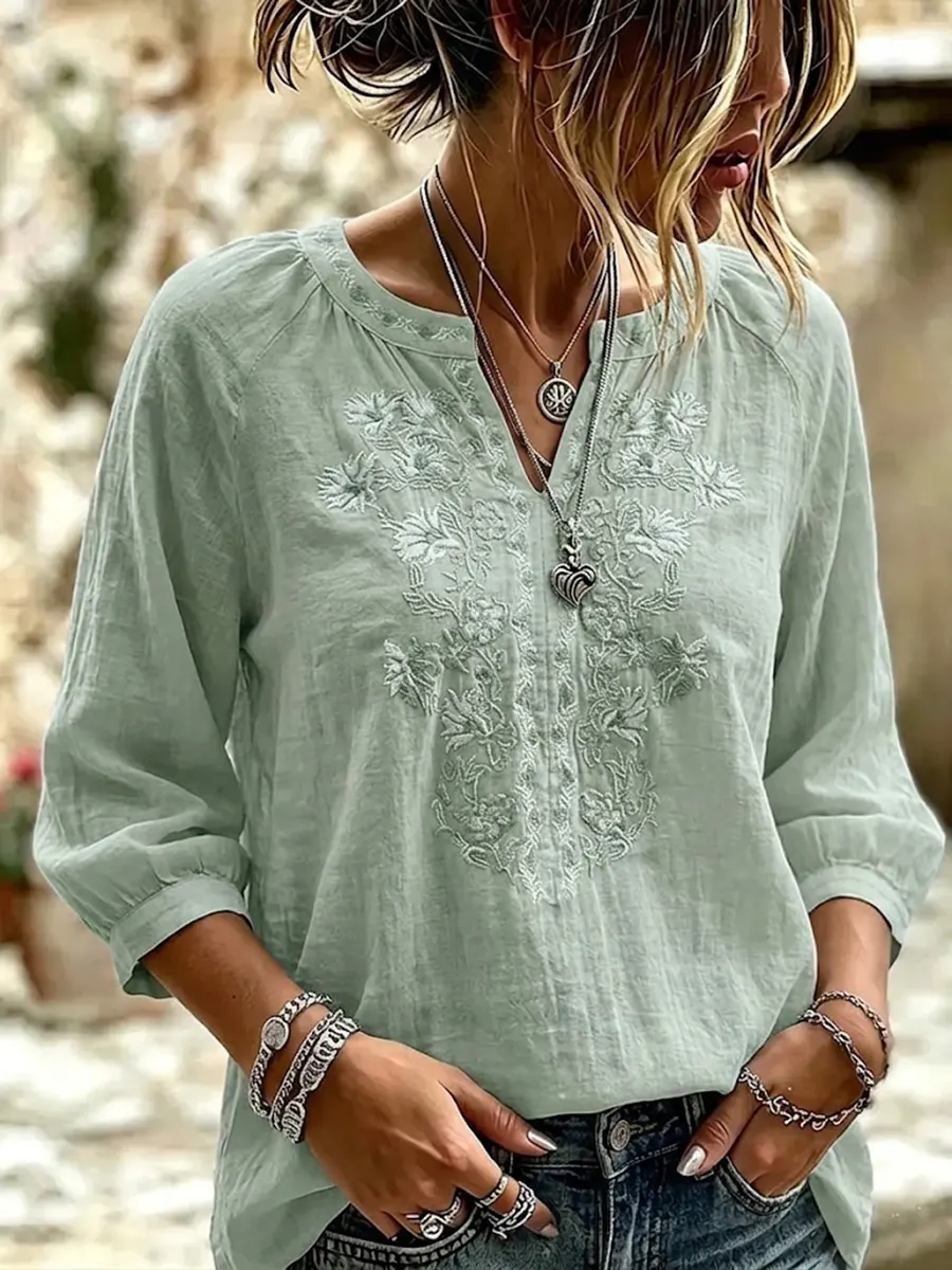 Women's Retro Flowers Embroidered V-neck Cotton And Linen Shirt