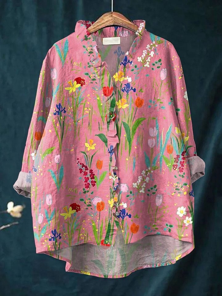 Women's Vintage Flowers Print Casual Linen V-neck Shirt