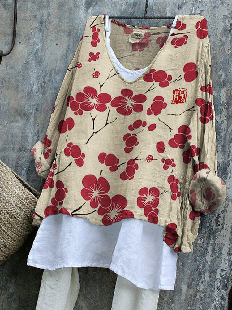 Cherry Blossom Japanese Lino Art Flowy Tunic