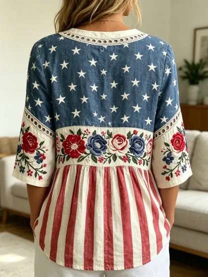 Women's American Flag Floral Art Print Top With Lace Trim