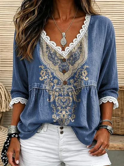 Women's Vintage-Style Ethnic Style Art Print Top with Lace Splicing